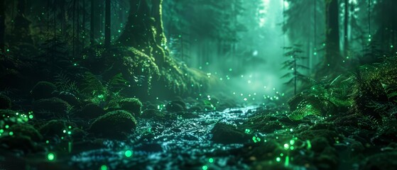 An ancient virus revival caused the last forest on Earth to glow an eerie green, in a scifi photo with blurry background, sharpen banner