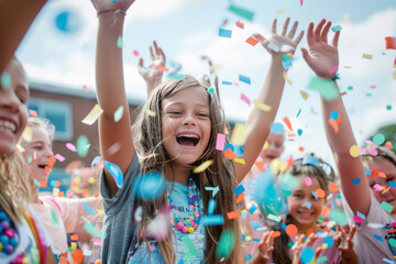 Group of happy children with raised hands enjoying a confetti shower at a festive outdoor party