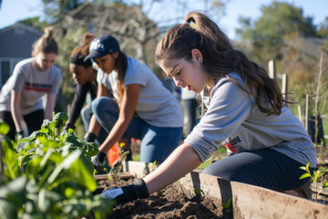 Naklejka premium Community gardening - young volunteers tending plants