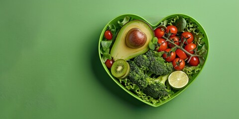 A heart-shaped bowl brimming with a nutritious salad composed of avocado, broccoli, cherry tomatoes, kiwi, and lime.