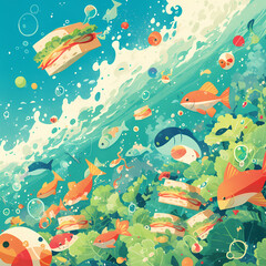Beneath the waves, a playful school of fish invites you to join their underwater feast. Delicious seafood delights and vibrant marine life await in this charming illustration.