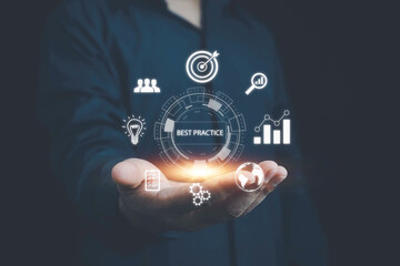 Businessman pressing Best Practice, Business, Technology, Internet and network concept. Best...