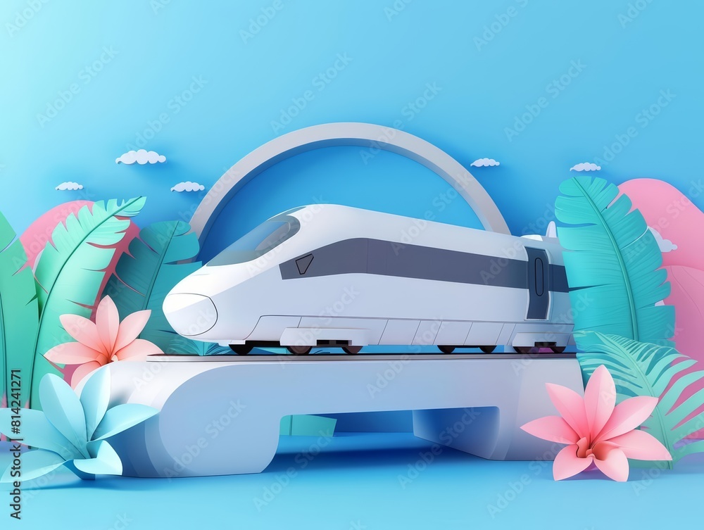 Poster solid hud icon of a highspeed train displayed on a 3d product stand podium for showcase, featuring p