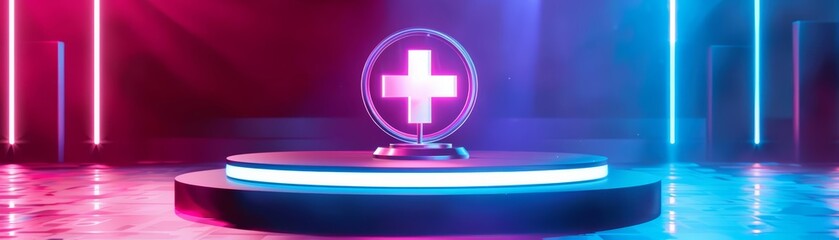 Obraz premium Show colorful glow HUD icon of advanced medical equipment on a circus stage podium background, in minimal styles, synth wave