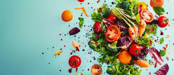 Vegan and glutenfree options dynamically burst into an amazing food explosion on a minimal color background, highlighting dietary diversity