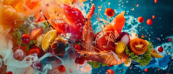 Vibrant seafood dishes twist into a fiery explosion against a futuristic colored canvas, emphasized by a sharp cinematic closeup