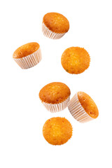 Falling cup cake isolated on white background.