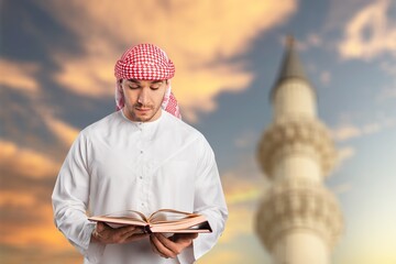 Mosque, young worship muslim man