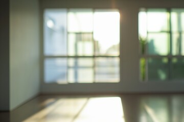 Minimalist interior with natural light filtering through a large window, highlighting the subtle texture of a worn white wall in a serene, peaceful setting.