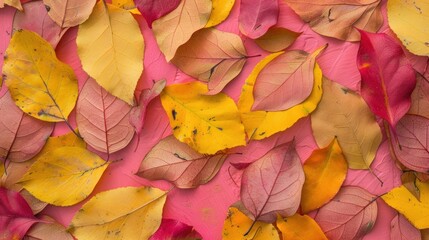 Texture of various colors dry leaves colors with pink and yellow background Texture of dry leaves of various colors with pink and yellow background