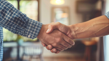 Fototapeta premium Two Men Shaking Hands in Front of a House