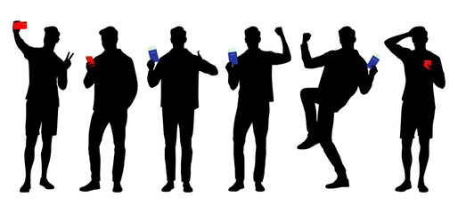 Silhouette of young man tourist with smartphone. Male in casual clothes with a suitcase and tickets. Young male traveler goes on a journey. Vector illustration set isolated on white