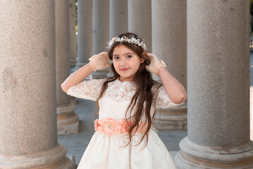 First Communion beautiful girl posing in white dress in a park 13.JPG