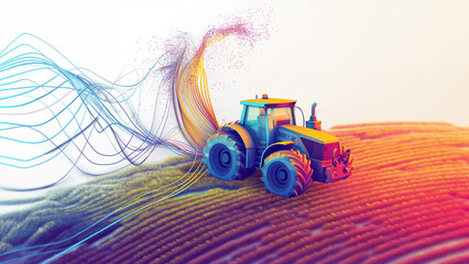 Agritech concept in colorful dynamic waves, Surreal tractor in data field for modern agriculture technology and farming