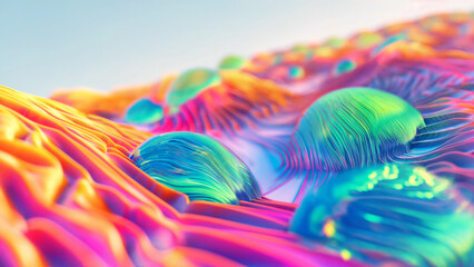 Digital transformation concept, Abstract wavy topographic landscape with 3D organic shapes, Iridescent chromatic heat map