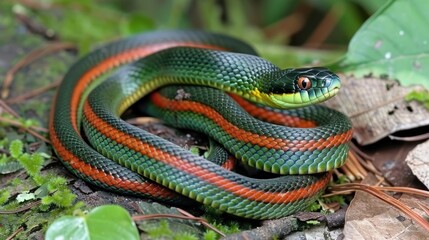 A green and yellow snake is laying on the ground