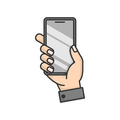 illustration of hand holding mobile phone isolated on transparent white background, using customizable EPS vector file, suitable for icons, signs or symbols in flat cartoon style