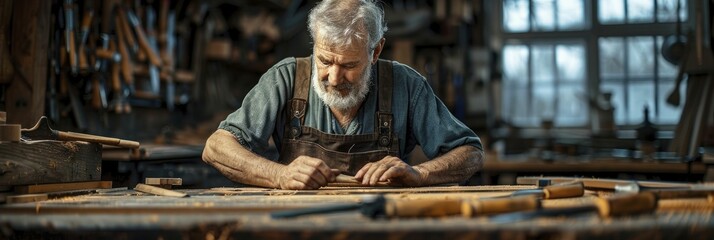 Artisan focused on carving at a rustic workbench, blurred tools in the background, narrative of heritage and manual craftsmanship.