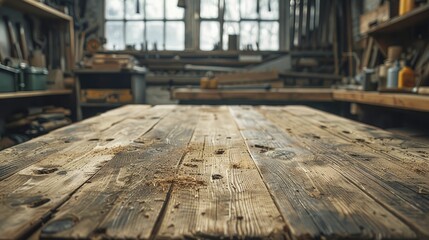 Focus on the rugged texture of a wooden workbench with traditional tools blurred behind, showcasing the art of woodworking.