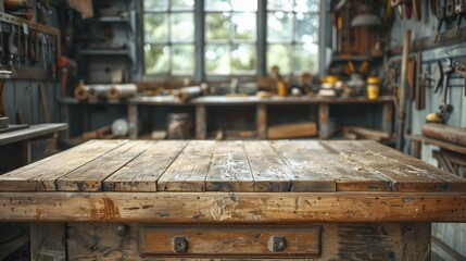 Explore the intricate details of a weathered workbench with vintage tools in the background, capturing the essence of woodworking craftsmanship.