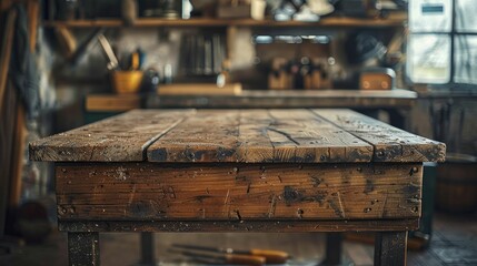 Explore the art of woodworking through the rugged texture of a wooden workbench with traditional tools subtly blurred in the background.