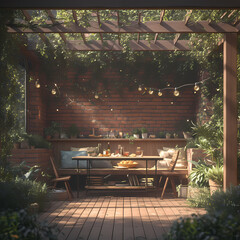 Relax and Reconnect in this Colorful Garden Oasis - Complete with Wooden Deck, Rustic Dining Table, and Ambient String Lights