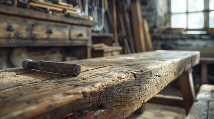 Old craftsman's wooden bench with a detailed focus on tools, blurred background of traditional woodworking, warm tones