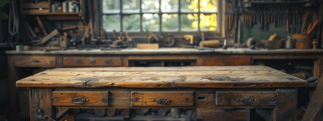 Rustic and textured wooden workbench in a craftsman's workshop, focus on hand tools with a heritage feel, blurred craftsman background.