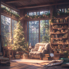 A cozy library room adorned with Christmas decorations, featuring a plaid chair, bookshelves filled with books, and large windows overlooking a secluded forest.