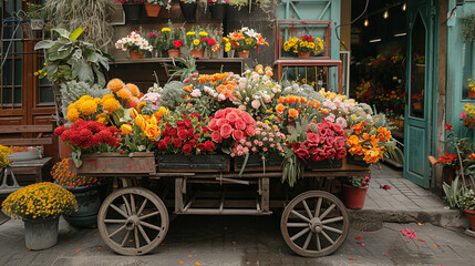 An enchanting scene a flower cart brimming with blooms