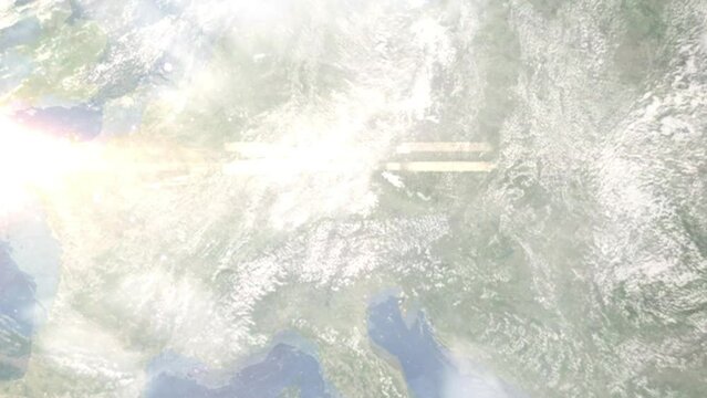 Earth zoom in from space and focus on Freising, Germany. 3D style animation. Satellite view. Background for travel intro, blog. Images from NASA.