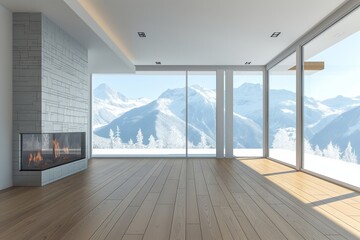 Stunning modern home interior with floor-to-ceiling windows offering a panoramic view of a snowy mountain landscape, enhanced by a cozy fireplace and wooden flooring.