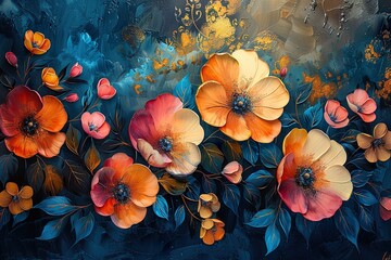 Oil paintings of abstract flowers and leaves. Sprinkled paint on smooth paper, giving the paper a golden texture. Prints, wallpapers, posters, cards, murals, rugs, hangings, wall art