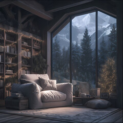 Charming Secluded Library-Living Space with Warm Fireplace and Enchanting Mountain Scenery