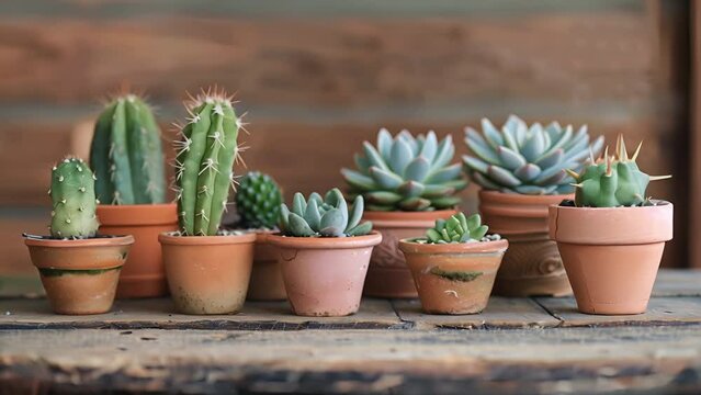 Pushing towards succulents growing in terracotta pots at a nursery