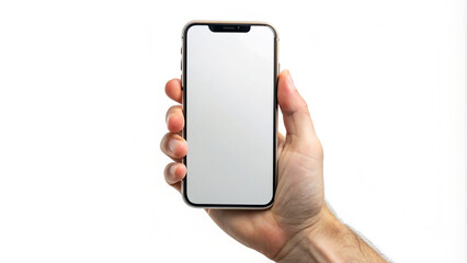 A hand is holding a cell phone with a white screen and a gold-colored case. The background is white.