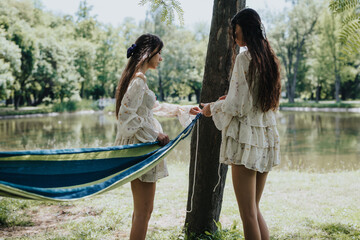 A peaceful scene depicting two friends putting up a blue hammock beside a calm lake in a lush park,...