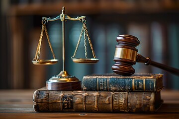 Picture a harmonious composition where the golden scales of justice, a gavel, and books come together - Powered by Adobe