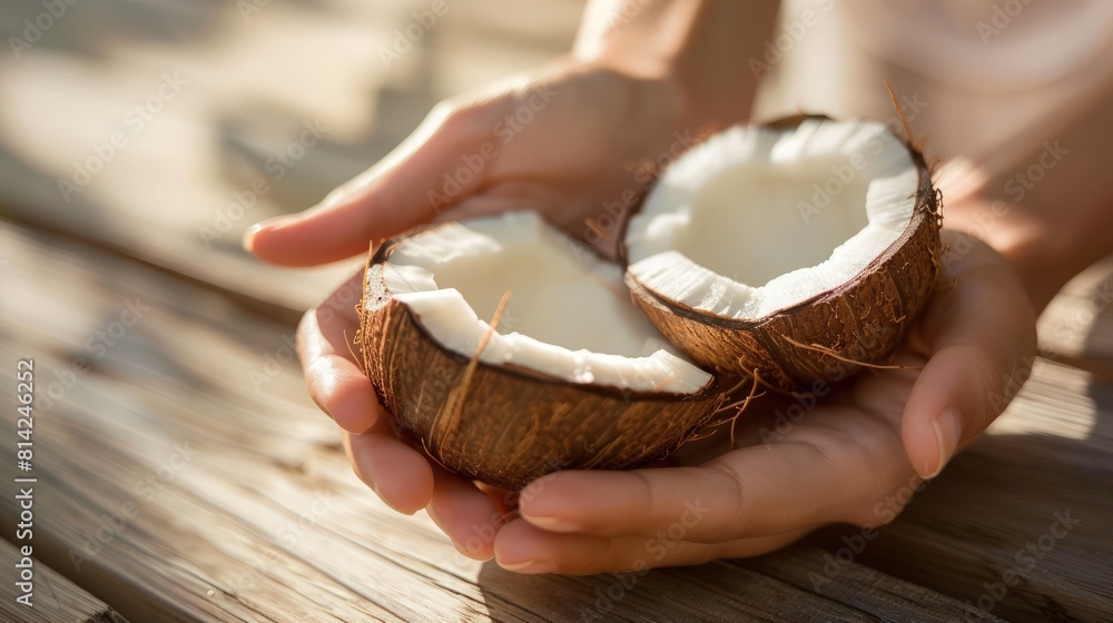 Poster elegant stock photo featuring a close-up image of a split coconut.