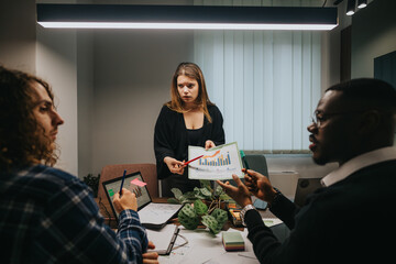 Diverse group of coworkers analyze and discuss sales stats during a business meeting, focusing on graphs and projections.
