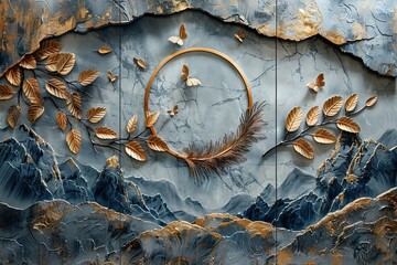 three panel wall art, golden ring with feathers and butterflies, blue gray color scheme, marble...