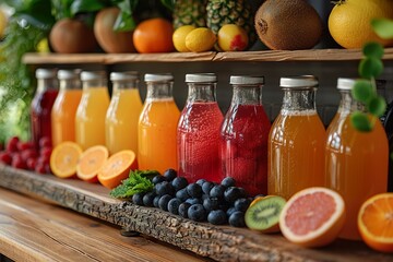 Visualize a display of liquid wellness with an assortment of healthy juices made from a medley of fresh fruits