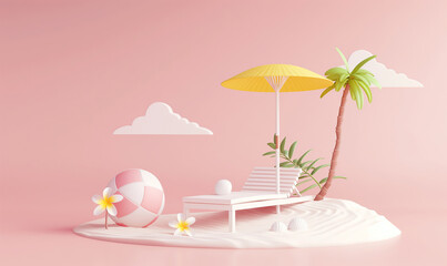 3d cartoon simple minimalistic illustration of beach with sand, pink background, beach ball and palm tree, white color sunbed, one small flower on the side, sun umbrella, yellow clouds, minimalism
