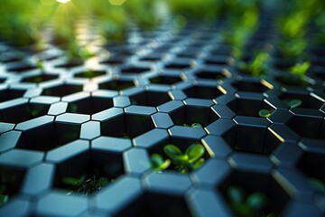 Visualize a dynamic composition featuring an abstract background with a green hexagonal metal pattern
