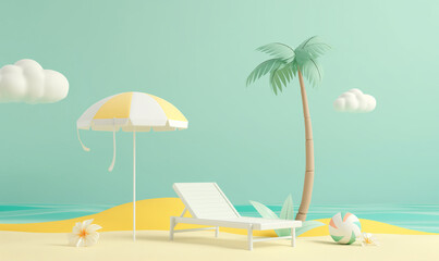 Obraz premium 3d cartoon simple minimalistic illustration of beach with sand, green background, beach ball and palm tree, white color sunbed, one small flower on the side, sun umbrella, yellow clouds, minimalism