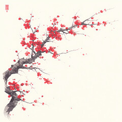 Vibrant Asian-Style Watercolor Painting of Cherry Blossoms in One Stroke