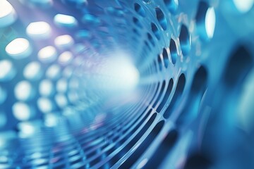 A blue and white image of a spiral with many holes