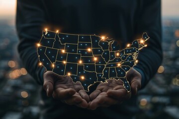 A person is holding a map of the United States with a glowing grid