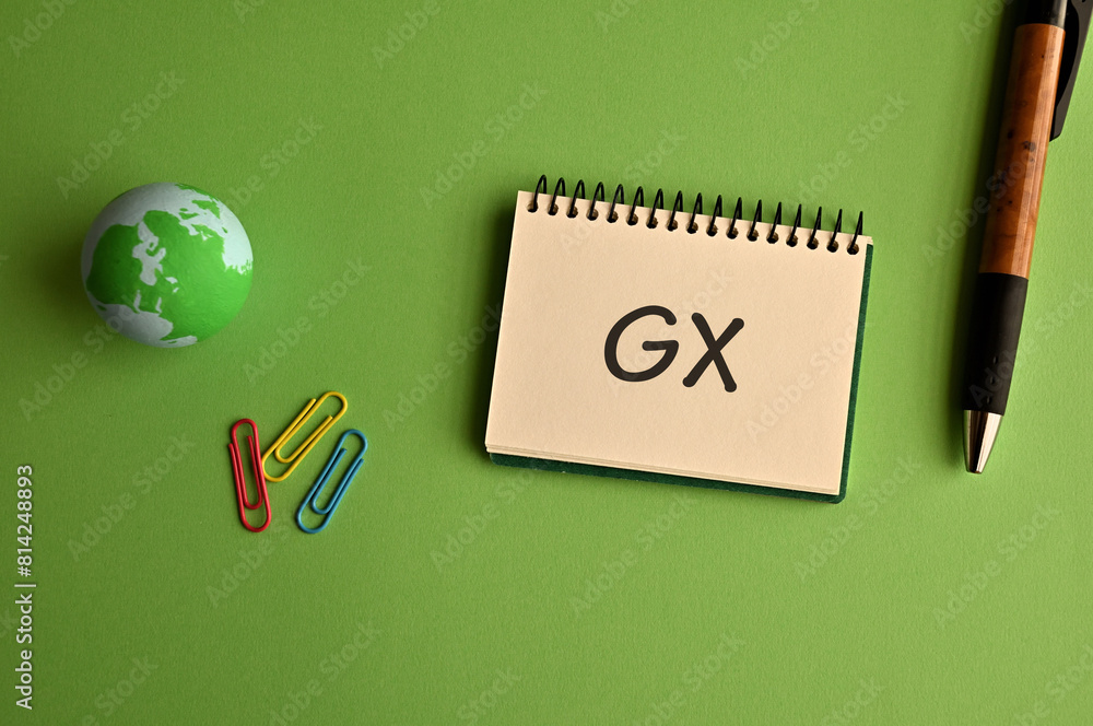 Poster there is notebook with the word gx. it is an abbreviation for green transformation as eye-catching i