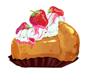Babà al rum con fragole e cuore glassato. San Valentino. Amore Immagine. Disegno. Pasticceria napoletana. Dessert. Clip art. Icona. Frutta.